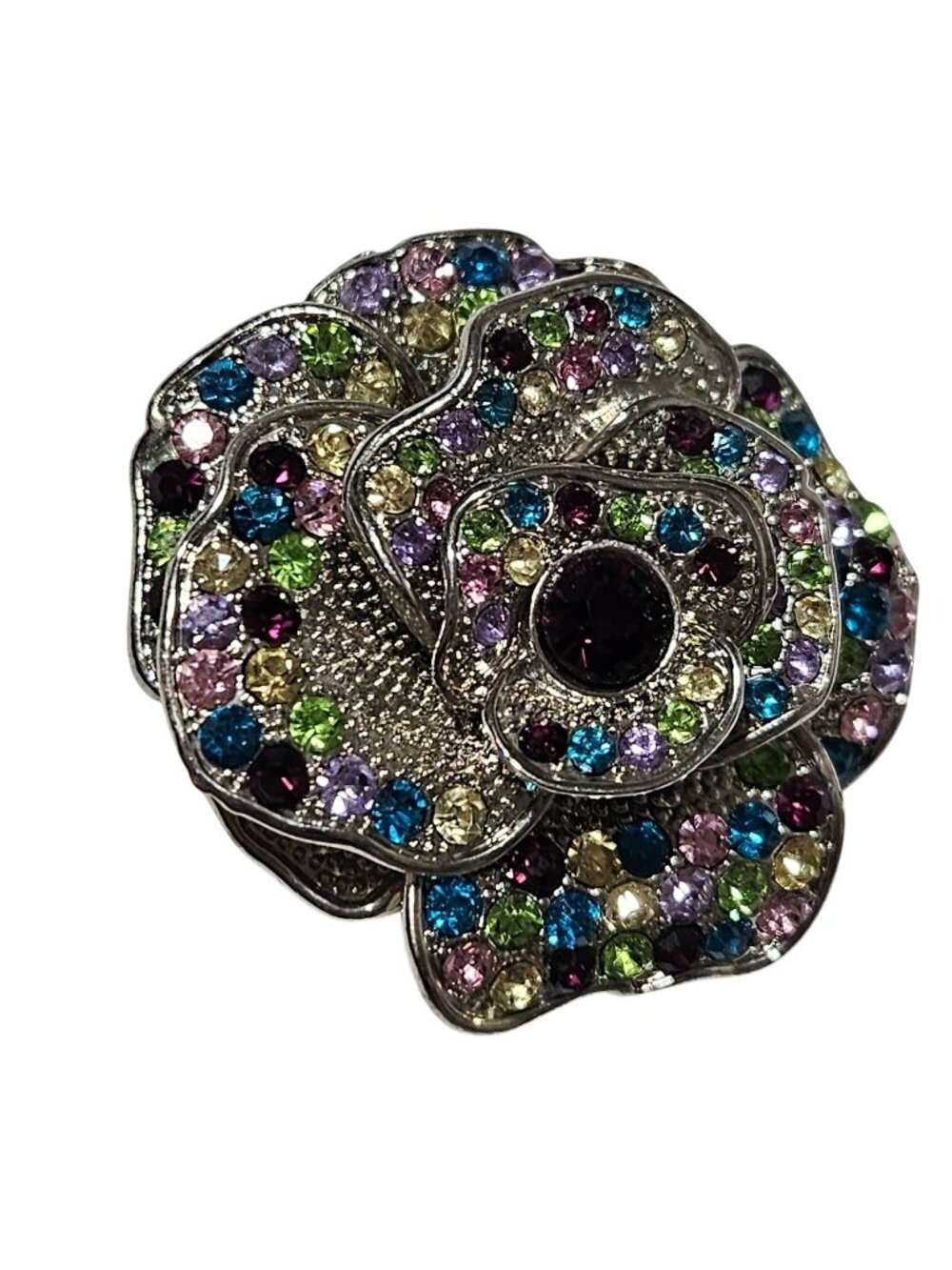 Vintage Rhinestone Flower Brooch Pendant Silver Tone Elegant Retro Multicolor